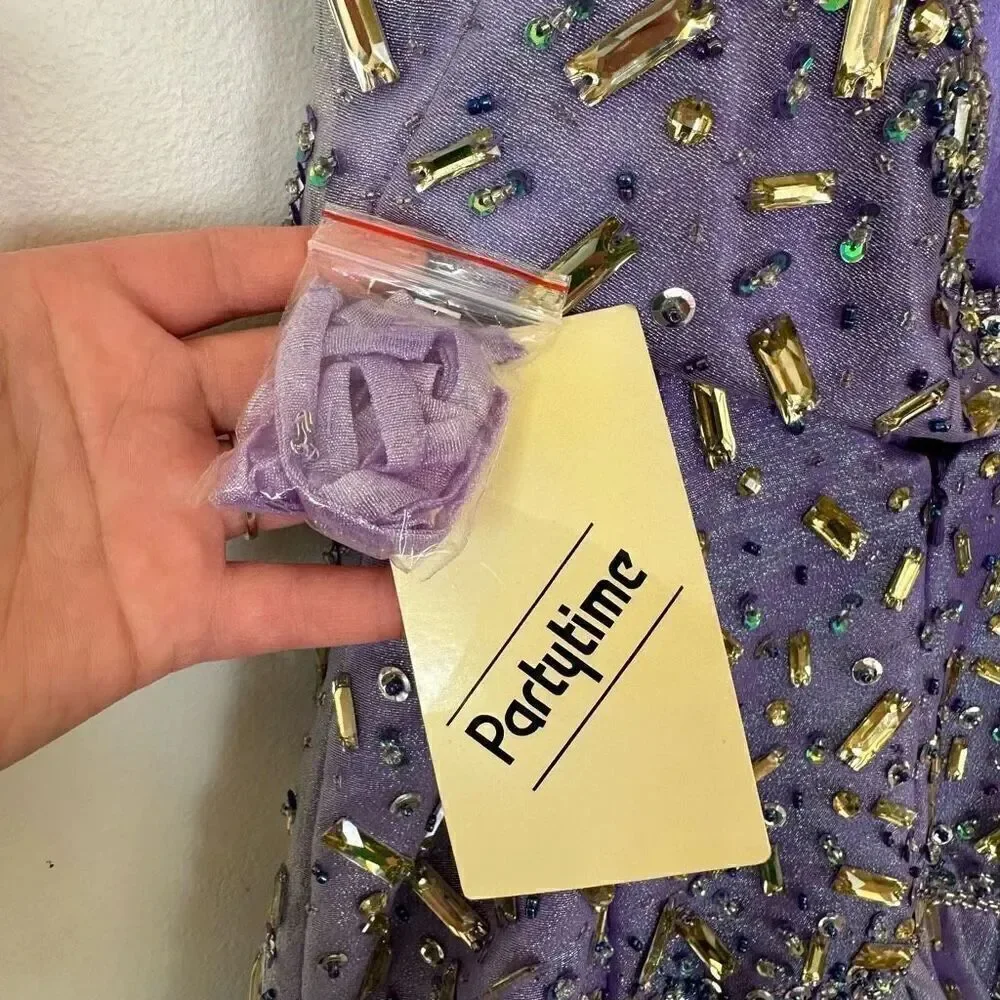 Party Time Formals Women’s Purple Iridescent All over Beaded Bodice Tulle Mini D